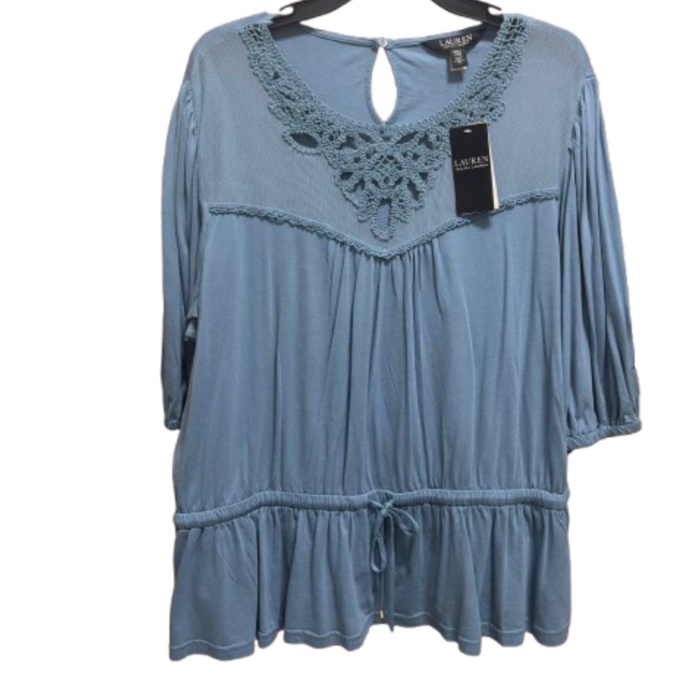 NWT Lauren Ralph Lauren Blouse Top XXL Lace Trim Jersey 3/4 Sleeve Blue Women's